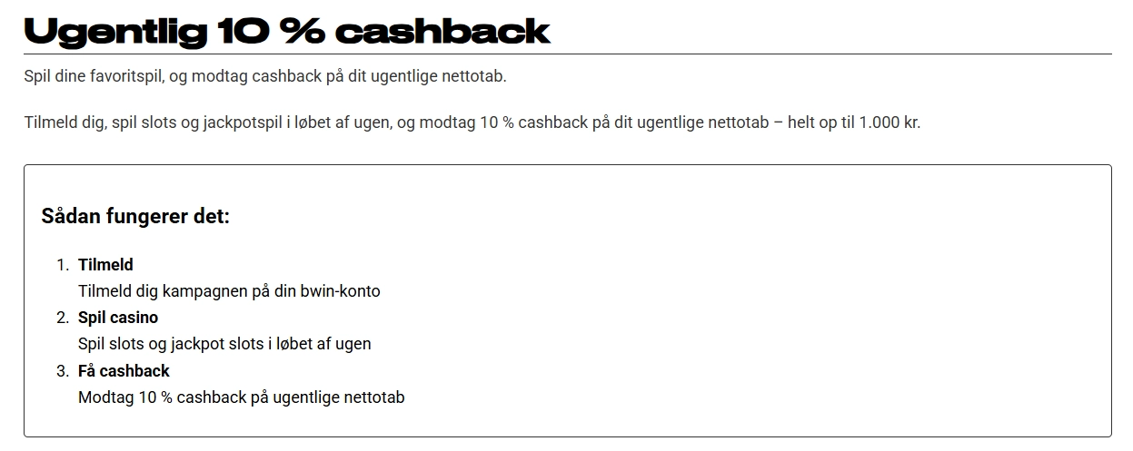 bwin.dk kampagne med 10 procent kasinotilbagebetaling