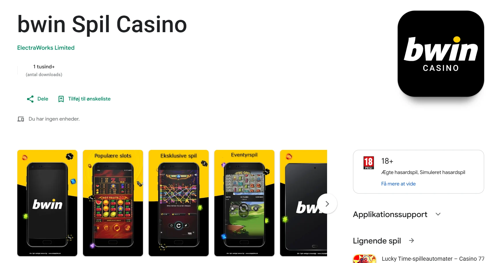 Google Play-side for bwin Kasino applikation til Danmark