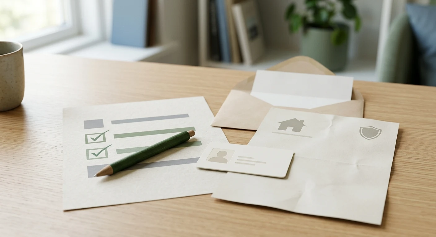 Neutral illustration af identitetskontrol med ID, adresse og kontrolmarkering