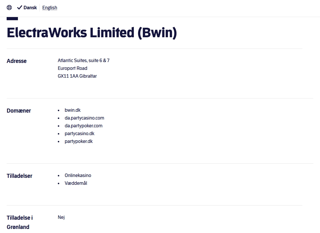 Spillemyndighedens registerpost for ElectraWorks Limited Bwin