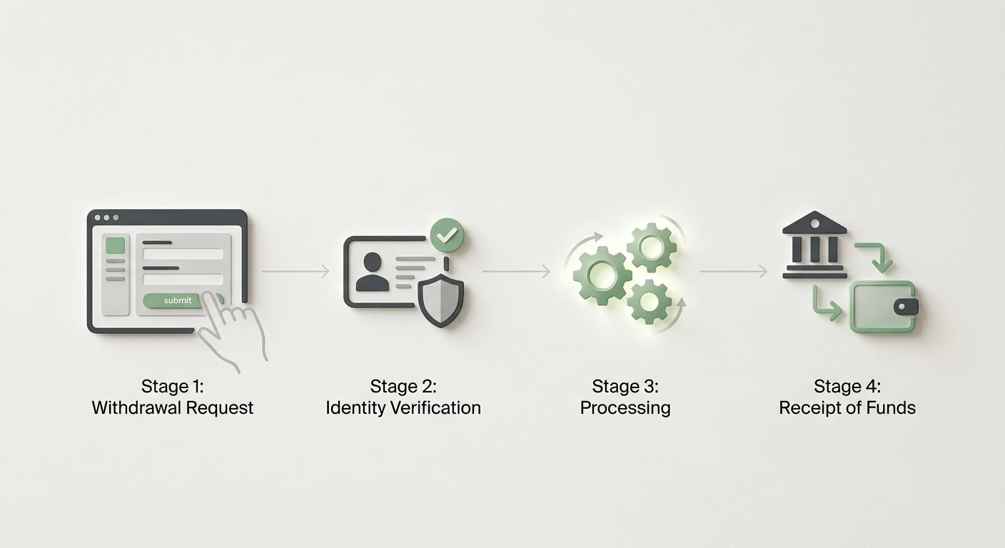 Neutral illustration af et udbetalingsforløb med anmodning, verificering, behandling og modtagelse