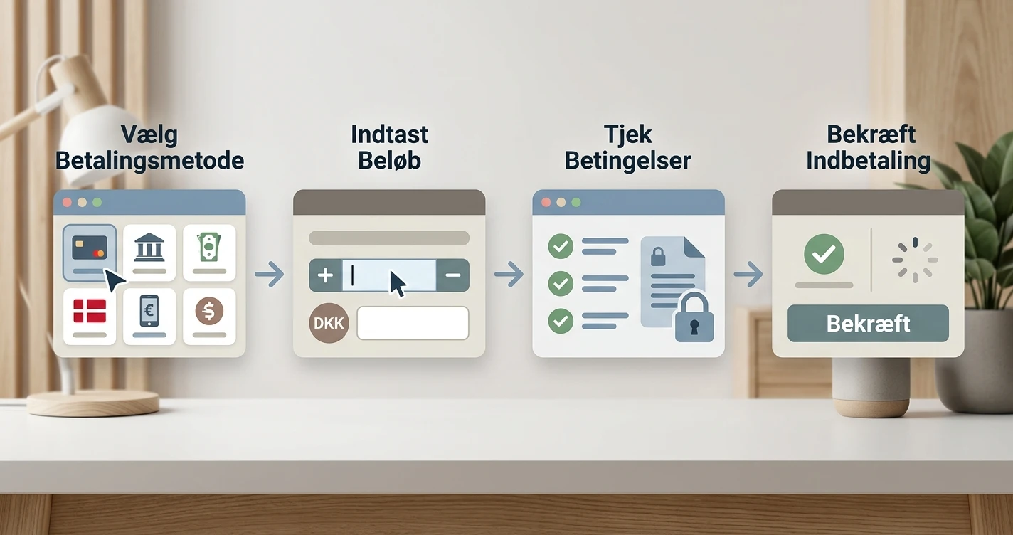 Neutral trin-for-trin illustration af en indbetaling på et onlinekasino